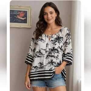 Ruby Rd. Black and White Tropical Tie-Front Blouse Plus Size 1X